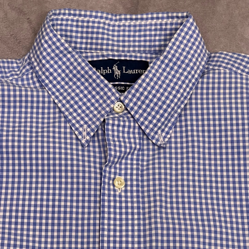 Ralph Lauren Button Down Shirt Mens L Blue Gingham Classic Fit Long Sleeve